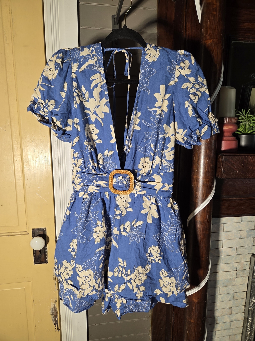Fashion Nova Blue Floral V-Neck Romper with Belt Accent